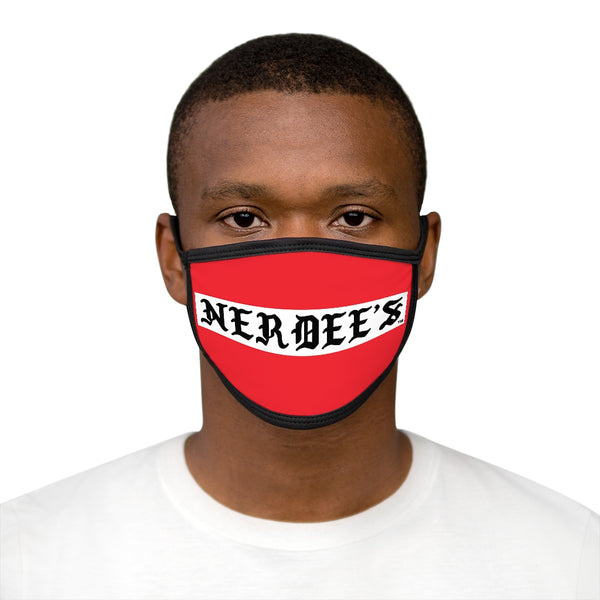 Nerdee's -  Old English White Banner - (WHT Design 01) - Mixed-Fabric Face Mask (Adult Large Fit) - Red