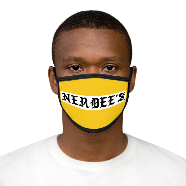 Nerdee's -  Old English White Banner - (WHT Design 01) - Mixed-Fabric Face Mask (Adult Large Fit) - Yellow