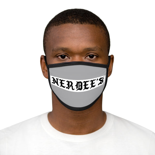 Nerdee's -  Old English White Banner - (WHT Design 01) - Mixed-Fabric Face Mask (Adult Large Fit) - Gray