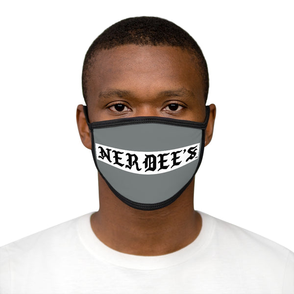 Nerdee's -  Old English White Banner - (WHT Design 01) - Mixed-Fabric Face Mask (Adult Large Fit) - Dark Gray