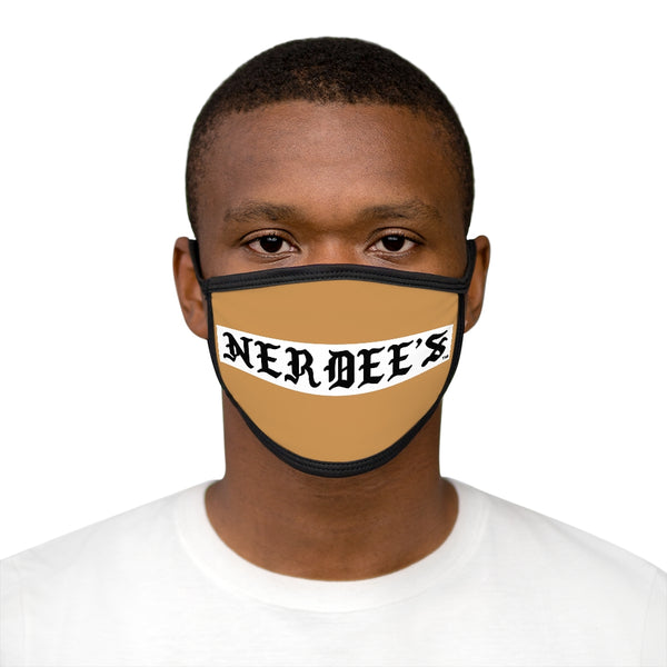 Nerdee's -  Old English White Banner - (WHT Design 01) - Mixed-Fabric Face Mask (Adult Large Fit) - Tan