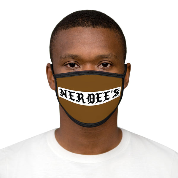 Nerdee's -  Old English White Banner - (WHT Design 01) - Mixed-Fabric Face Mask (Adult Large Fit) - Brown