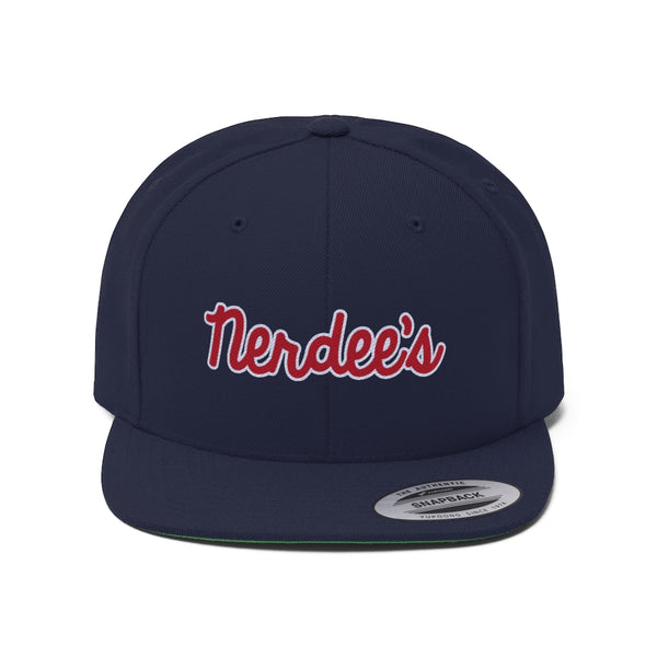 Nerdee's Script Logo (Red/White) - Unisex Flat Bill Hat