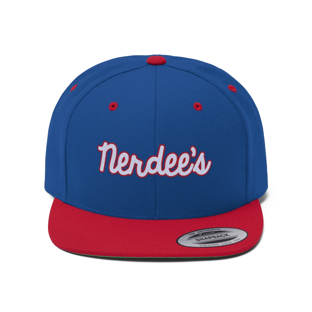 Nerdee's Script Logo (White/Red) - Unisex Flat Bill Hat True Royal/True Red / One Size