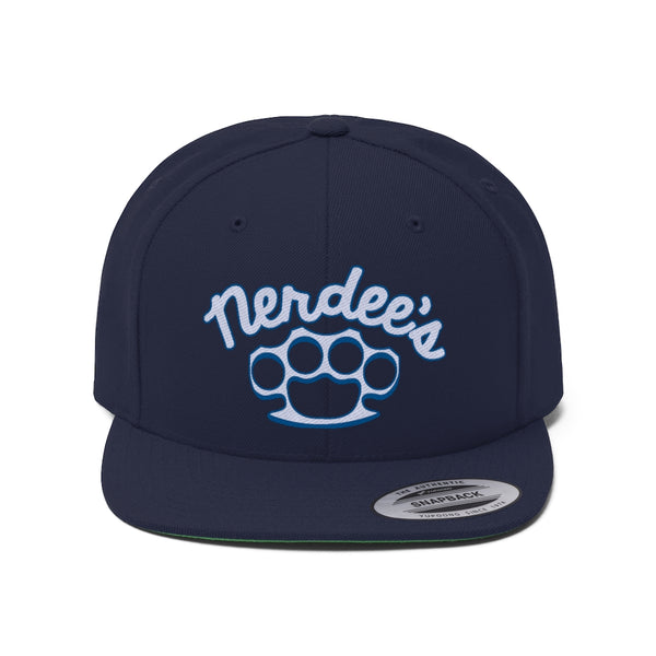 Nerdee's Brass Knuckles (WHT/BLU Design 02) - Unisex Flat Bill Hat