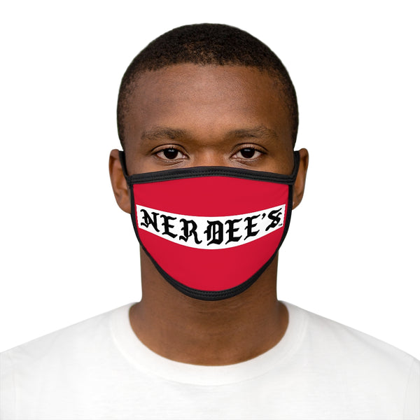 Nerdee's -  Old English White Banner - (WHT Design 01) - Mixed-Fabric Face Mask (Adult Large Fit) - Dark Red