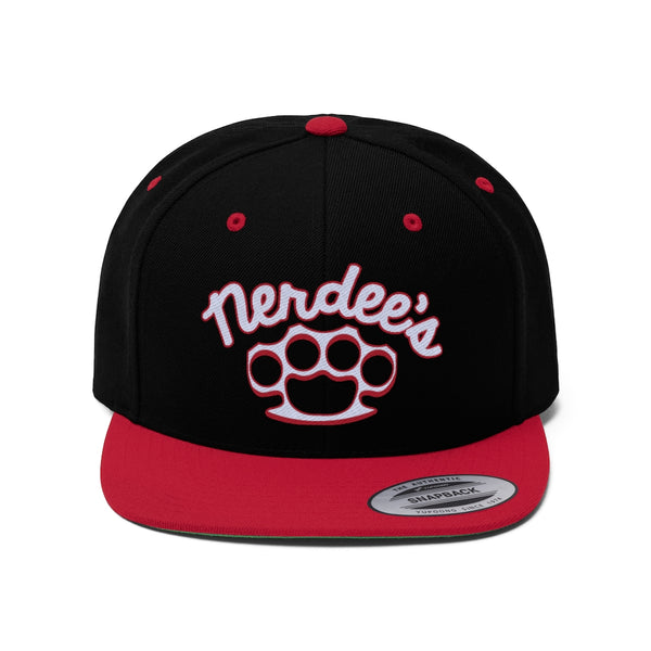 Nerdee's Brass Knuckles (WHT/RED Design 02) - Unisex Flat Bill Hat