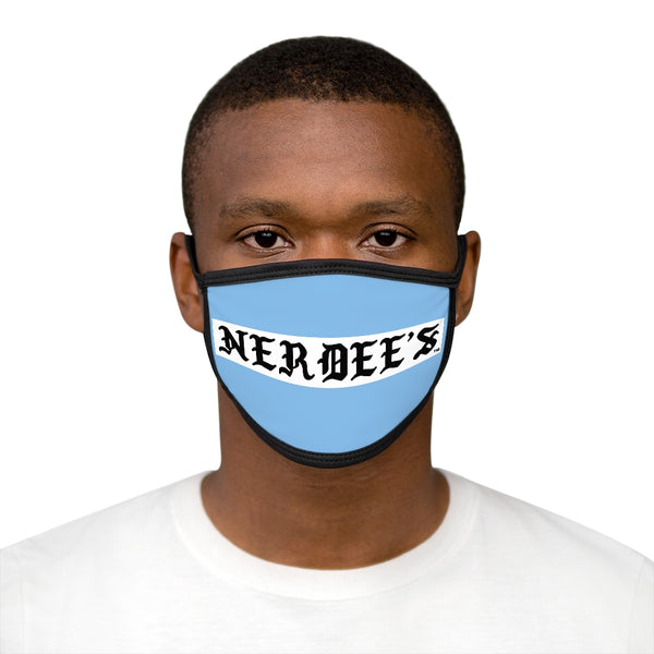 Nerdee's -  Old English White Banner - (WHT Design 01) - Mixed-Fabric Face Mask (Adult Large Fit) - Light Blue