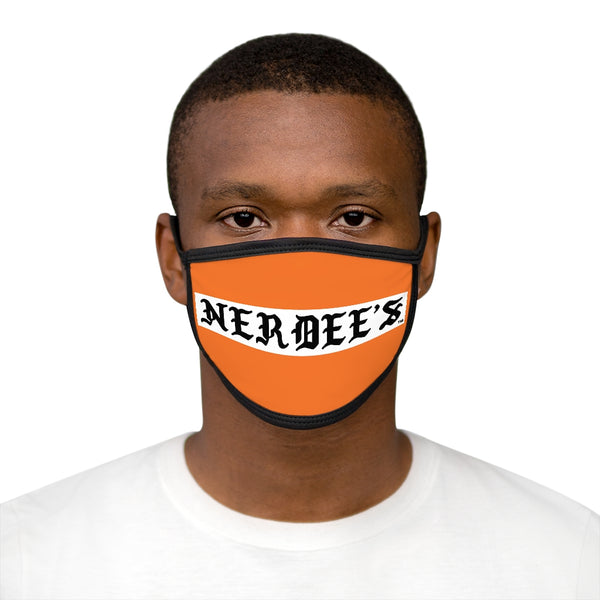 Nerdee's -  Old English White Banner - (WHT Design 01) - Mixed-Fabric Face Mask (Adult Large Fit) - Orange