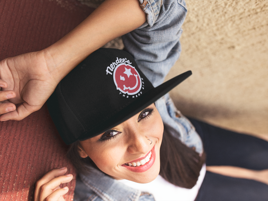 Nerdee's Script Logo (White/Red) - Unisex Flat Bill Hat True Royal/True Red / One Size